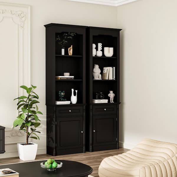 FUFU&GAGA 2-Wood Black 77.2 in. H Accent Cabinet, Office Storage Cabinet, Each Bookcase with Drawer, Door and 4-Shelves