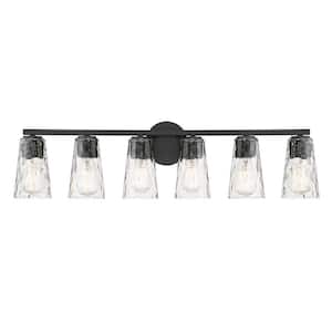 Gordon 34 in. 6-Light Matte Black Vanity Light with Clear Water Glass Shades