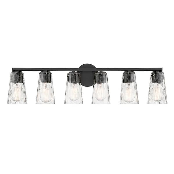 Savoy House Gordon 34 in. 6-Light Matte Black Vanity Light with Clear Water Glass Shades