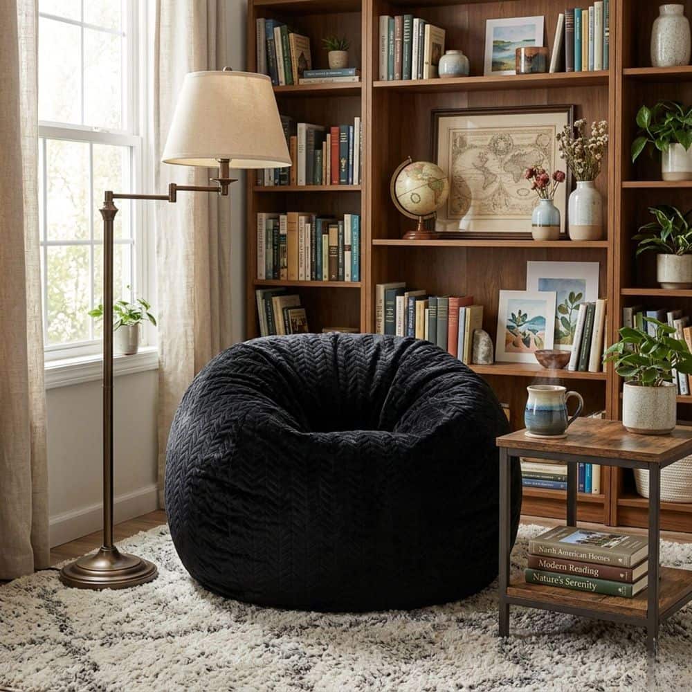 NORT Faux Fur Round Bean Bag in Jet Black, with Removable Washable Cover and High-Density Foam Fill price history on PriceWatchPro