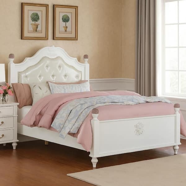 Benjara Bela White Wood Frame Full Panel Bed with Tufted Headboard ...