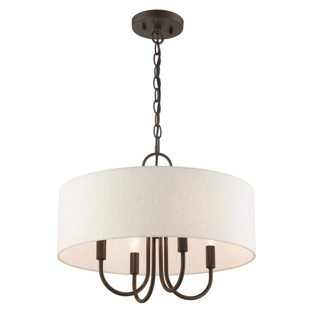 Mini Bronze Drum 4-Light Pendant Chandelier with Oatmeal Shade