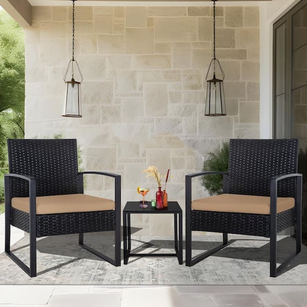 JUSKYS Cute Black 3-Piece Wicker Patio Conversation Set with Tan Cushions