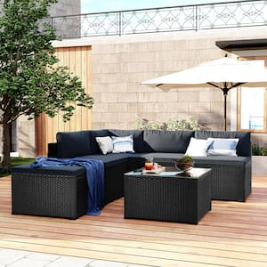 Black 6-Piece Wicker Outdoor Sectional Sofa Set with Gray Cushions