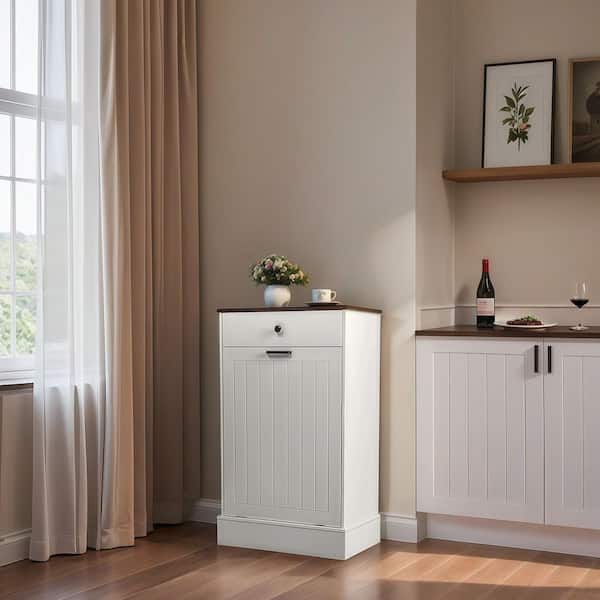Tilt Out Trash Can Cabinet, Hidden Wooden Trash Can Cabinet with Drawer, Free Standing Garbage Cabinet for Kitchen