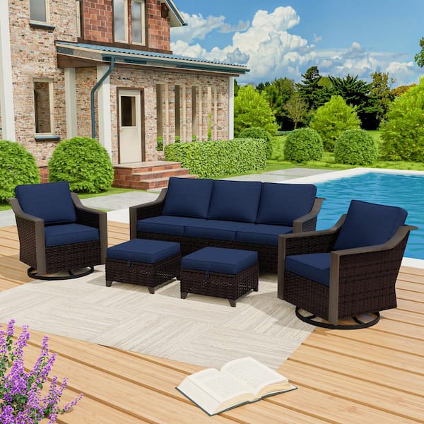 5-Piece Wicker Patio Conversation Seating Sofa Set with Blue Cushions and Swivel Rocking Chairs