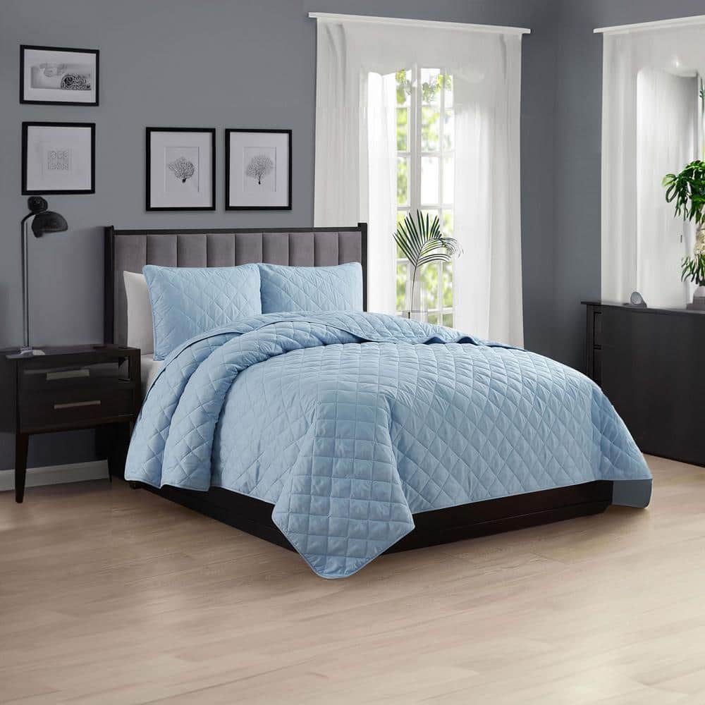Light Blue Twin Microfiber Reversible Quilt Set