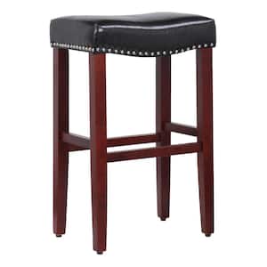 Jameson 29 in. Bar Height Cherry Wood Backless Nailhead Trim Barstool, Upholstered Black Faux Leather Saddle Seat Stool