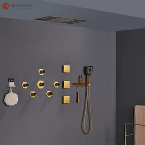 5 Spray 2.5 GPM 23 in. Thermostatic Celling Mount LED Rainfall Shower System with Hand-Shower in Brushed Gold