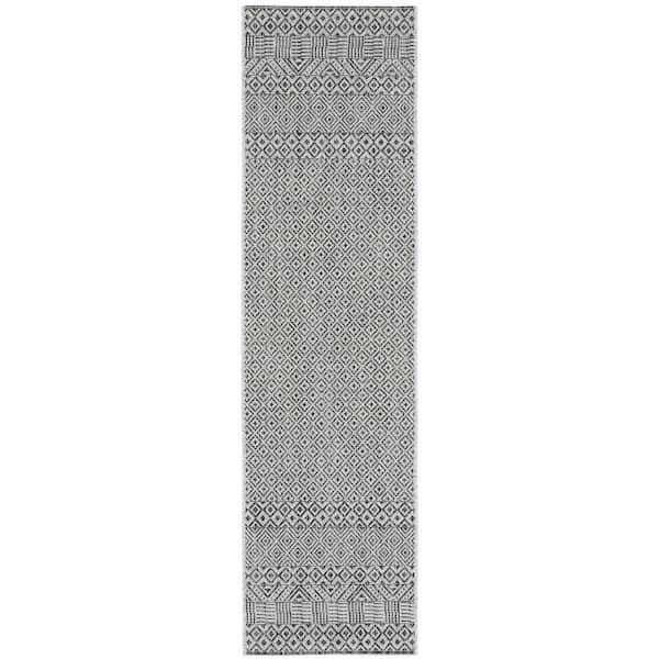 Courtyard Gray/Black 2 ft. x 22 ft. Geometric Diamond Indoor/Outdoor Runner Rug