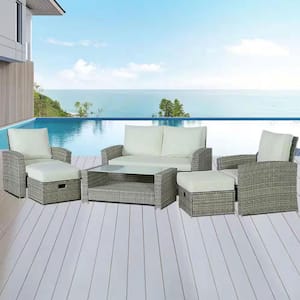6-Piece Gray Wicker Patio Conversation Sofa Set with Beige Cushions