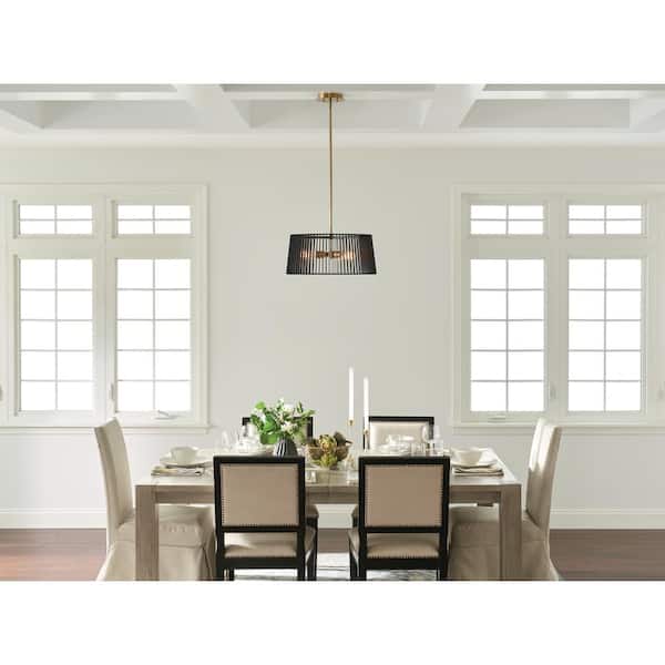 Linara 3-Light Black and Natural Brass Mid Century Modern Cage Kitchen Convertible Pendant Hanging Light to Semi-Flush