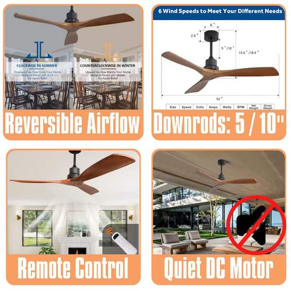 52 in. Outdoor Farmhouse Ceiling Fan with Remote Control Solid Wood Fan Blade Reversible Motor, Downrod Mount