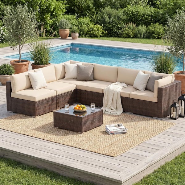 7-Piece Wicker Outdoor Sectional Set with Beige Cushions