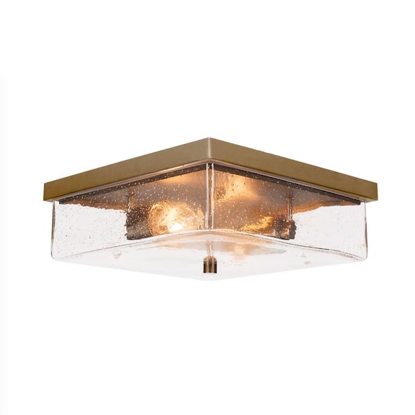 Unbranded Kingsport 13 in. 2 Light New Age Brass Flush Mount with Clear Bubble Glass Shade No Bulbs Included
