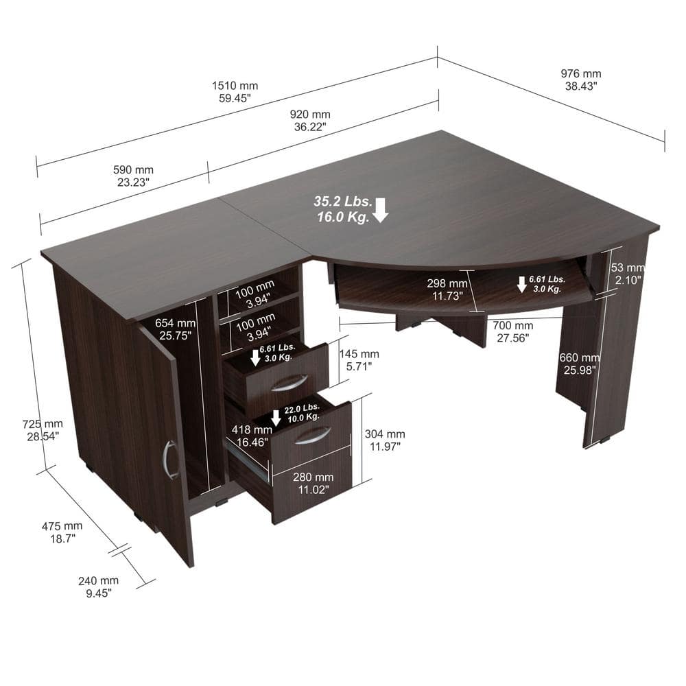 Espresso Wengue L-Shaped Corner Workstation with Drawers & CPU Storage