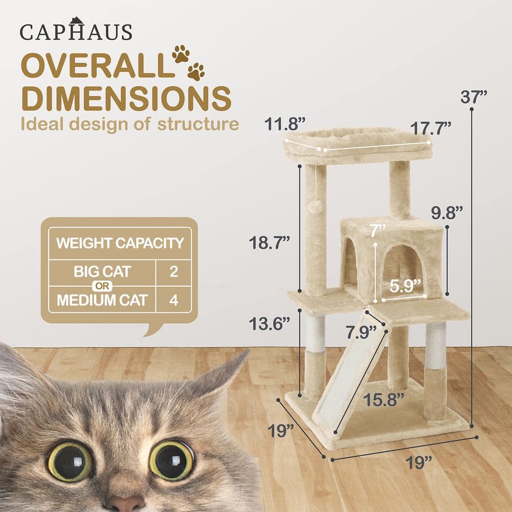 Beige 37-Inch Multi-Level Cat Tree with Sisal Scratching Posts