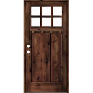 36 in. x 80 in. Craftsman Alder Clear 6-Lite Red Mahogany Stain Wood/Dentil Shelf Right Hand Single Prehung Front Door