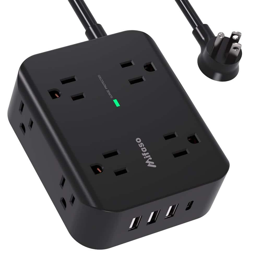 8-Outlet Flat Plug Power Strip Surge Protector in Black with 4 USB Ports (1 USB C), 5 ft. Heavy-Duty Extension Cord -  Lukyamzn, SA21-127B027