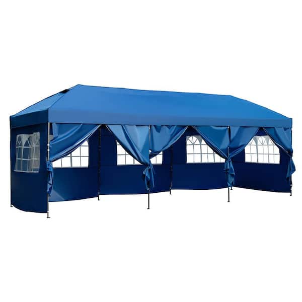 10 ft. x 30 ft. Blue Iron and Oxford Fabric Heavy Duty Pop Up Canopy Party Tent with Sidewalls Wheeled Bag