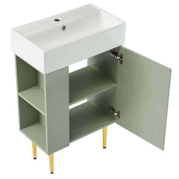 21.6 in. W Single Sink Freestanding Aquamarine Bath Vanity with White Ceramic Top and Left Side Storage