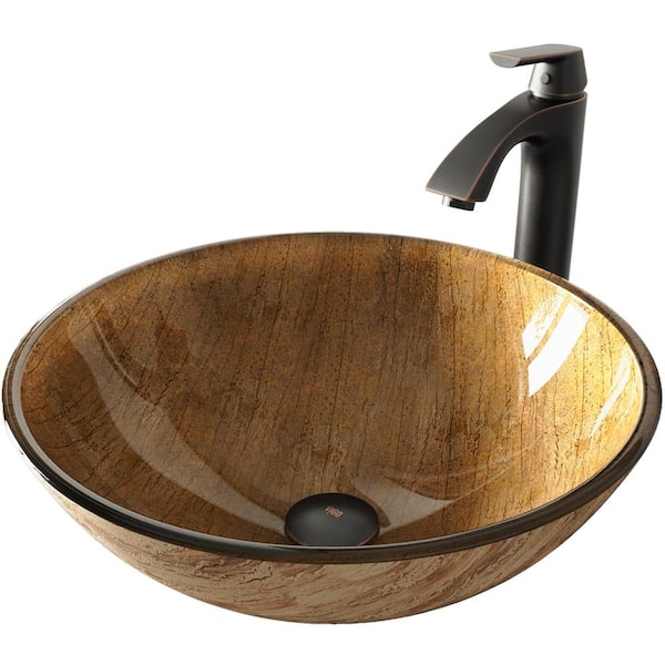 VIGO Glass Round Vessel Bathroom Sink in Wooden Brown with Linus Faucet and Pop-Up Drain in Antique Rubbed Bronze