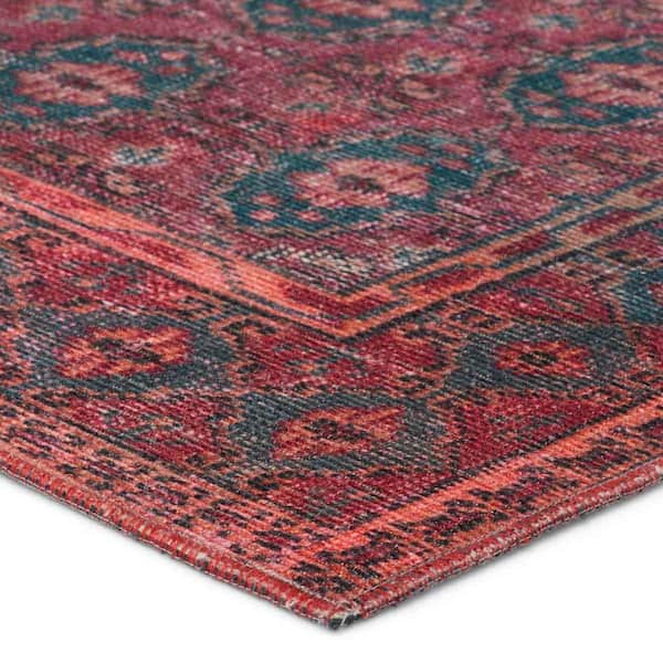 Machine Washable Kalinar Dark Red 3 ft. x 8 ft. Damask Area Rug