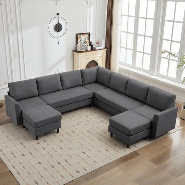 Jearey 107.3 in. Width Convertible Large U-Shaped Corner Shaped Sofa, Large 9-Seater Sofa with 2 Ottomans in Dark Gray
