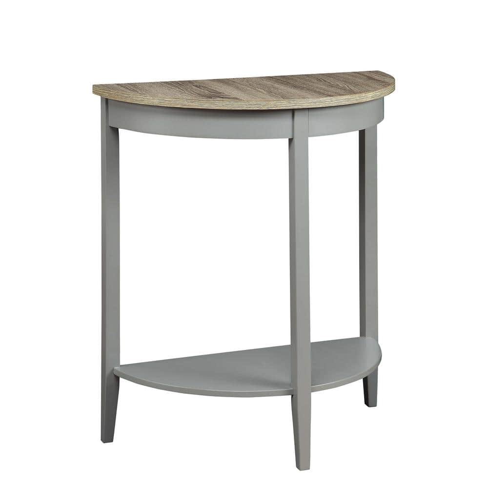 Contemporary Demilune Wooden Console Table with Open Shelf in Gray Oak