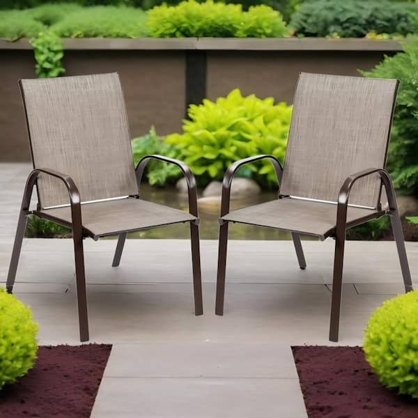 Steel Outdoor Dining Chair in Gray Set of 2 Outdoor Stackable Dining Chairs with Textilene Seat