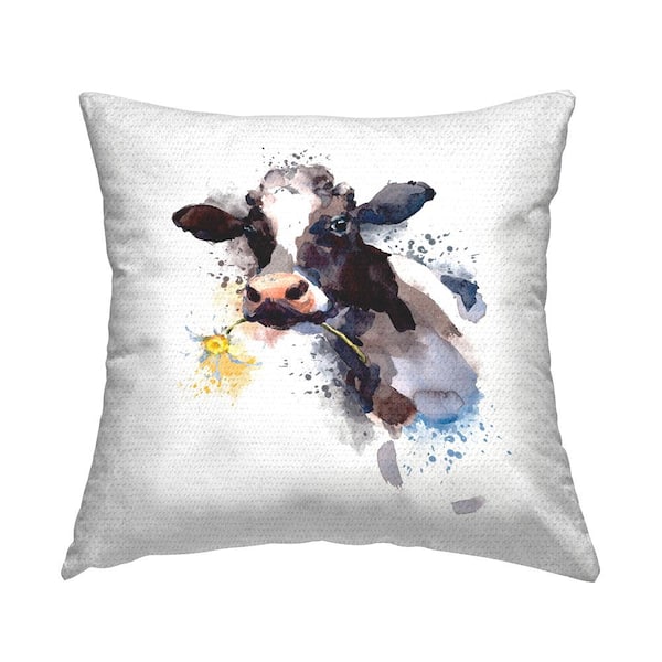 Stupell Industries Cow With Daisy Portrait Black Square Outdoor Throw Pillow