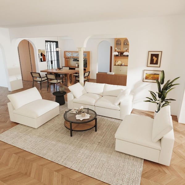 4-Piece Cloud Couch Set Down Filled White Linen Sofa and Loveseat Living Room Set with Detachable Covers for Apartment
