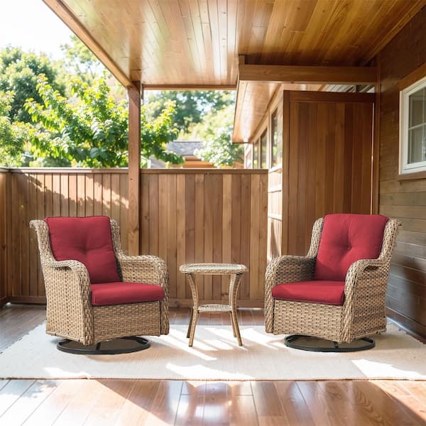 Opohoro ArcoBay 3-Piece Yellow Wicker Outdoor Swivel Rocker Patio Chairs Patio Conversation Set with Olefin Red Cushions