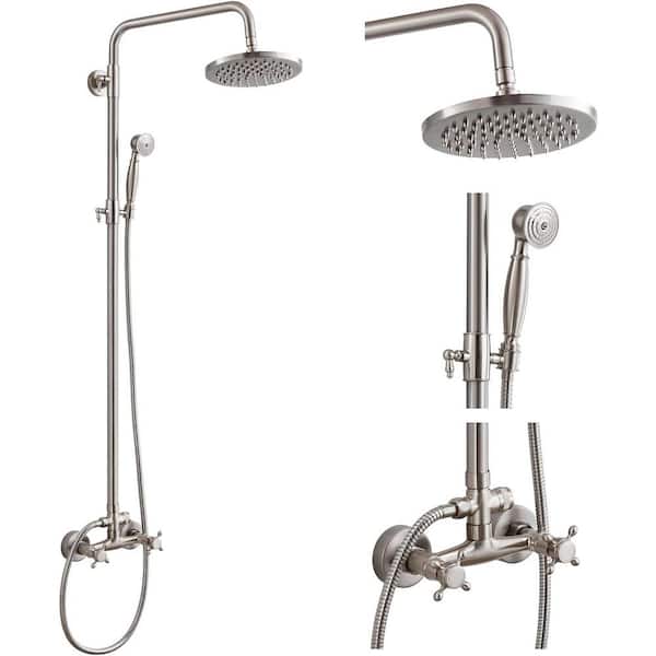 HOMEMYSTIQUE 2-Spray Wall Slid Bar Round Rain Shower Faucet with Hand Shower 2 Cross Handles Mixer Shower System Taps in Nickel