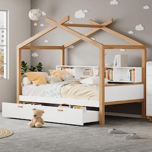 White Full Size House Bed Wood Colored Frame Platform Bed with 2-Drawers and Bookshelf Storage Space