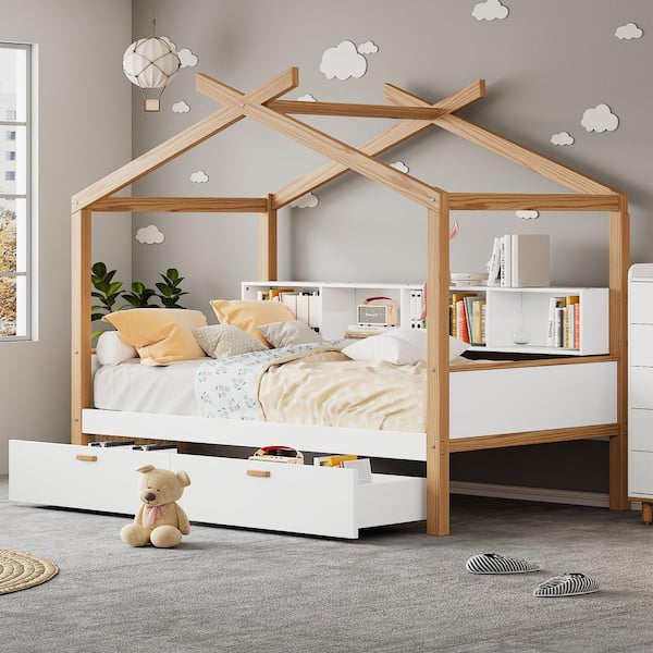 Harper & Bright Designs White Full Size House Bed Wood Colored Frame Platform Bed with 2-Drawers and Bookshelf Storage Space