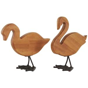 11 in. Medium Wood Abstract Minimalistic Duck Garden Sculpture with Black Metal Feet (2-Pack)