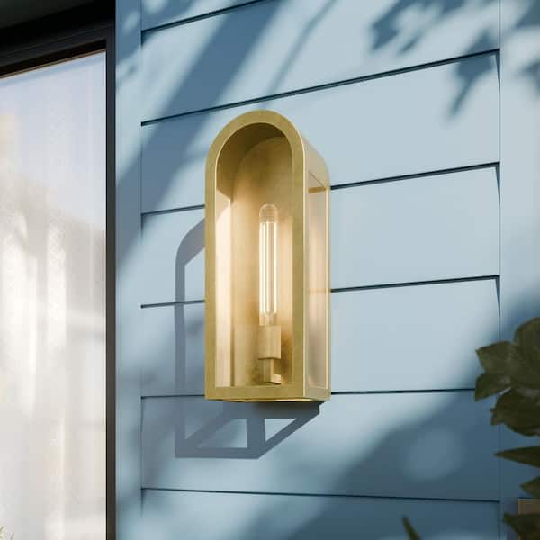 Marea 17 in. 1-Light Outdoor Wall Light with Clear Glass in Natural Brass