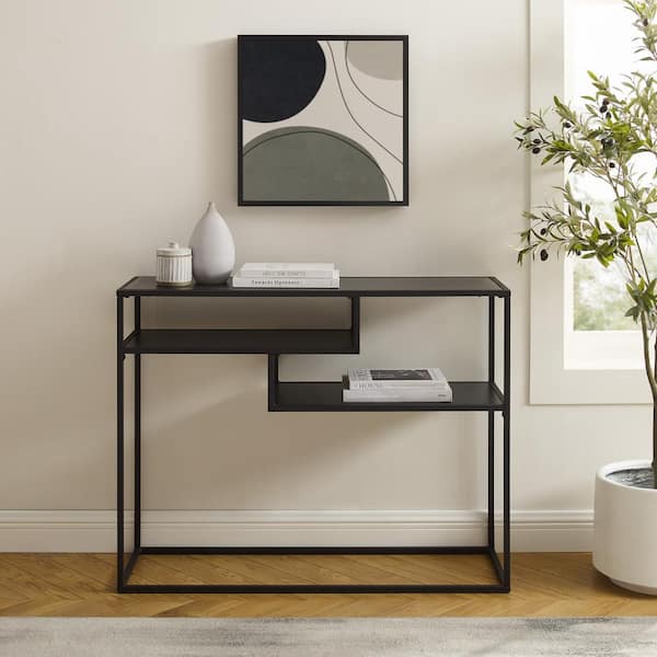 Walker Edison Furniture Company 42 in. Solid Black Wood Rectangle Modern Console Table with 2-Shelves