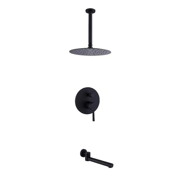 Tomfaucet Ceiling Mount Single-Handle 2-Spray Tub and Shower Faucet with 10 in. Rain Shower Head in Matte Black (Valve Included)