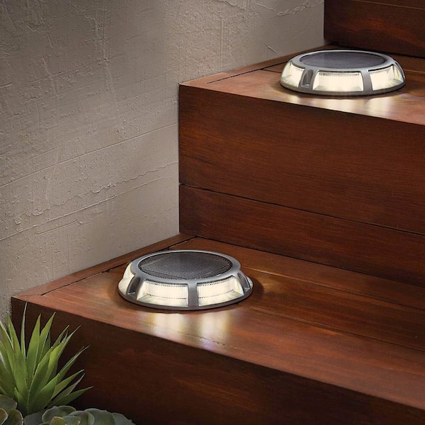 Hampton Bay Solar 15 Lumens Silver Integrated LED In-Ground Disk Path Light with Textured Lens (4-Pack); Weather/Rust Resistant