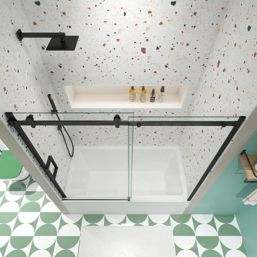 Matte Black Tempered Glass Sliding Shower Door 56-60" W x 58" H