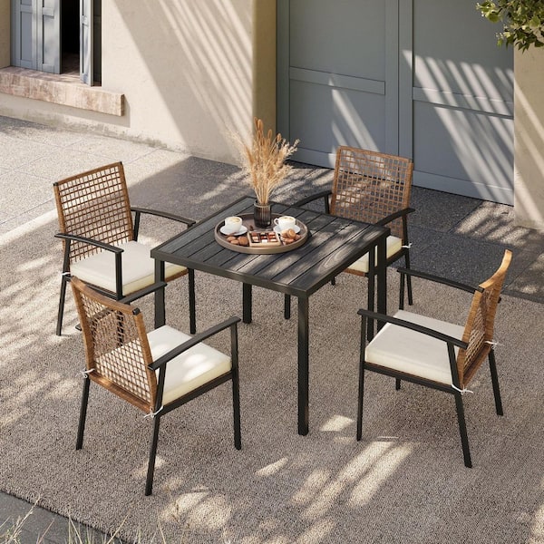 Brown 5-Piece Wicker Square Outdoor Dining Set with Beige Cushions