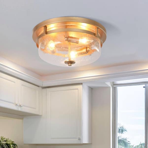 13.5 in. 3-Light Gold Drum Flush Mount Light Modern Circle Ceiling Light with Clear Seedy Glass Shade for Entry Kitchen