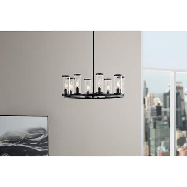Hampton Bay Loveland 8-Light Black Wagon Wheel Chandelier Light Fixture with Clear Glass Shades