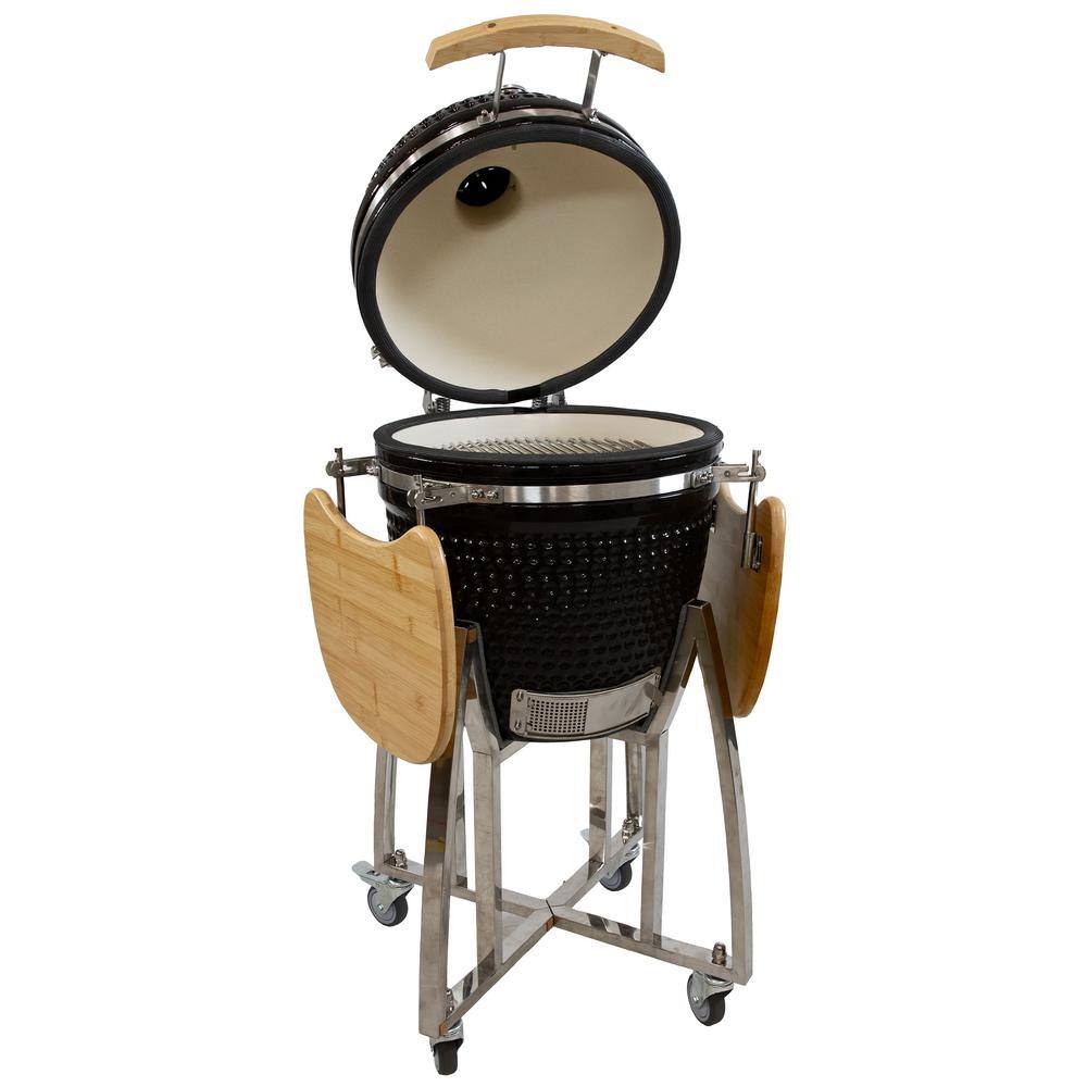 Black Ceramic Kamado Grill with Smoker and Bamboo Side Tables