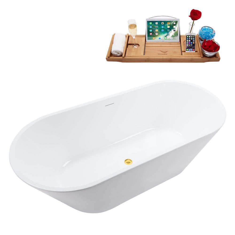 70'' White Acrylic Freestanding Soaking Bathtub with Gold Hardware