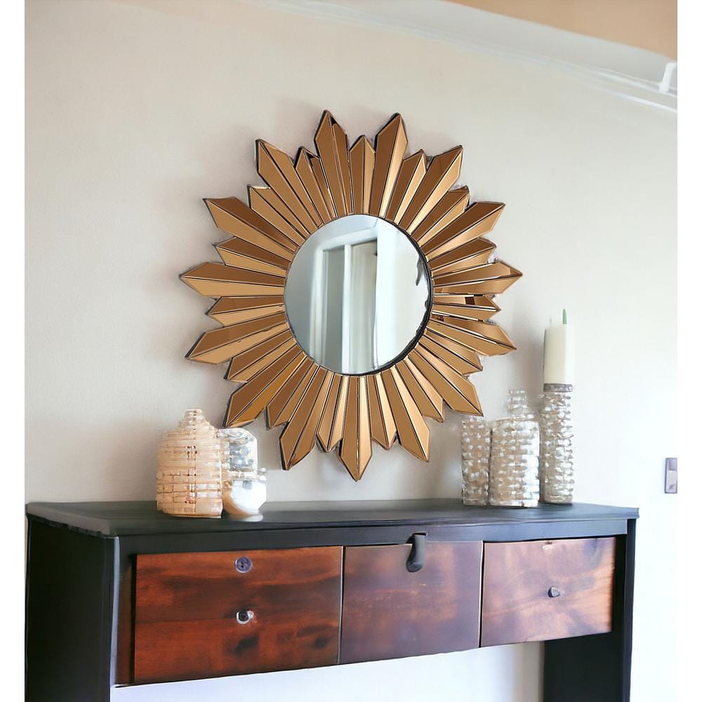 Celestial Charm Gold and Wood 39" Round Sunburst Mirror