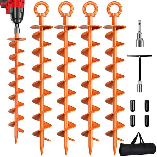 Heavy Duty Spiral Trampoline Anchors with Nut and Tool Swing Set for Sheds, Carports, Mobile Home, Orange (4-Pack)