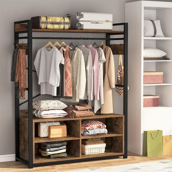 Vintage Clothes Closet/Storage Organizer Freestanding Garment Rack with  Hanging Rod and Shelves